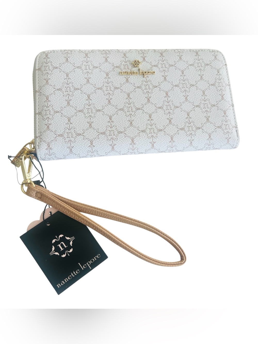 Nanette Lepore Cream Monogram Zip Around Wristlet Wallet Gold Tone NWT